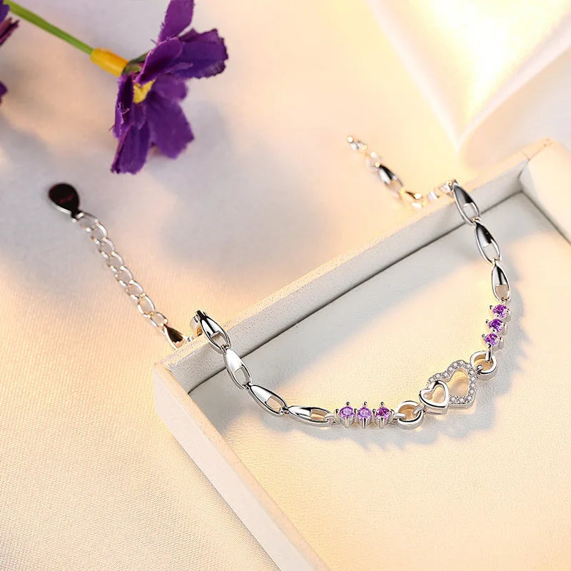 Pulseira de Prata Esterlina com Cristal Roxo & Zircônia