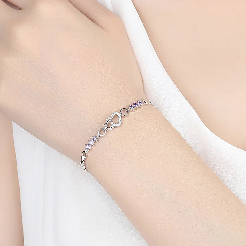Pulseira de Prata Esterlina com Cristal Roxo & Zircônia