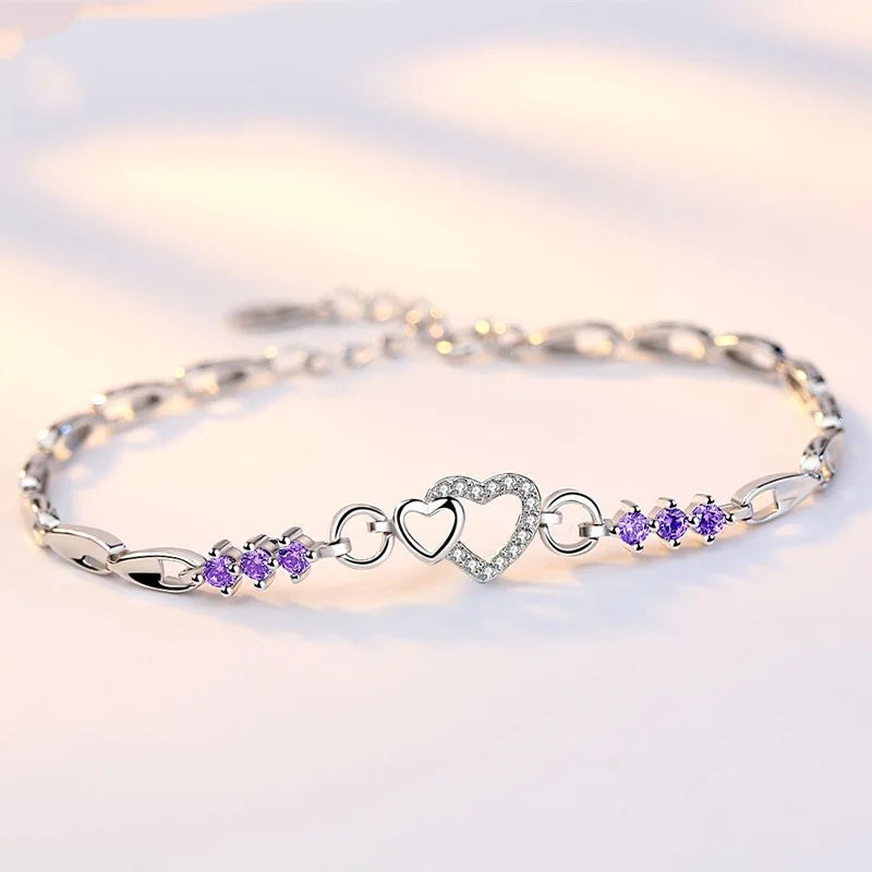 Pulseira de Prata Esterlina com Cristal Roxo & Zircônia