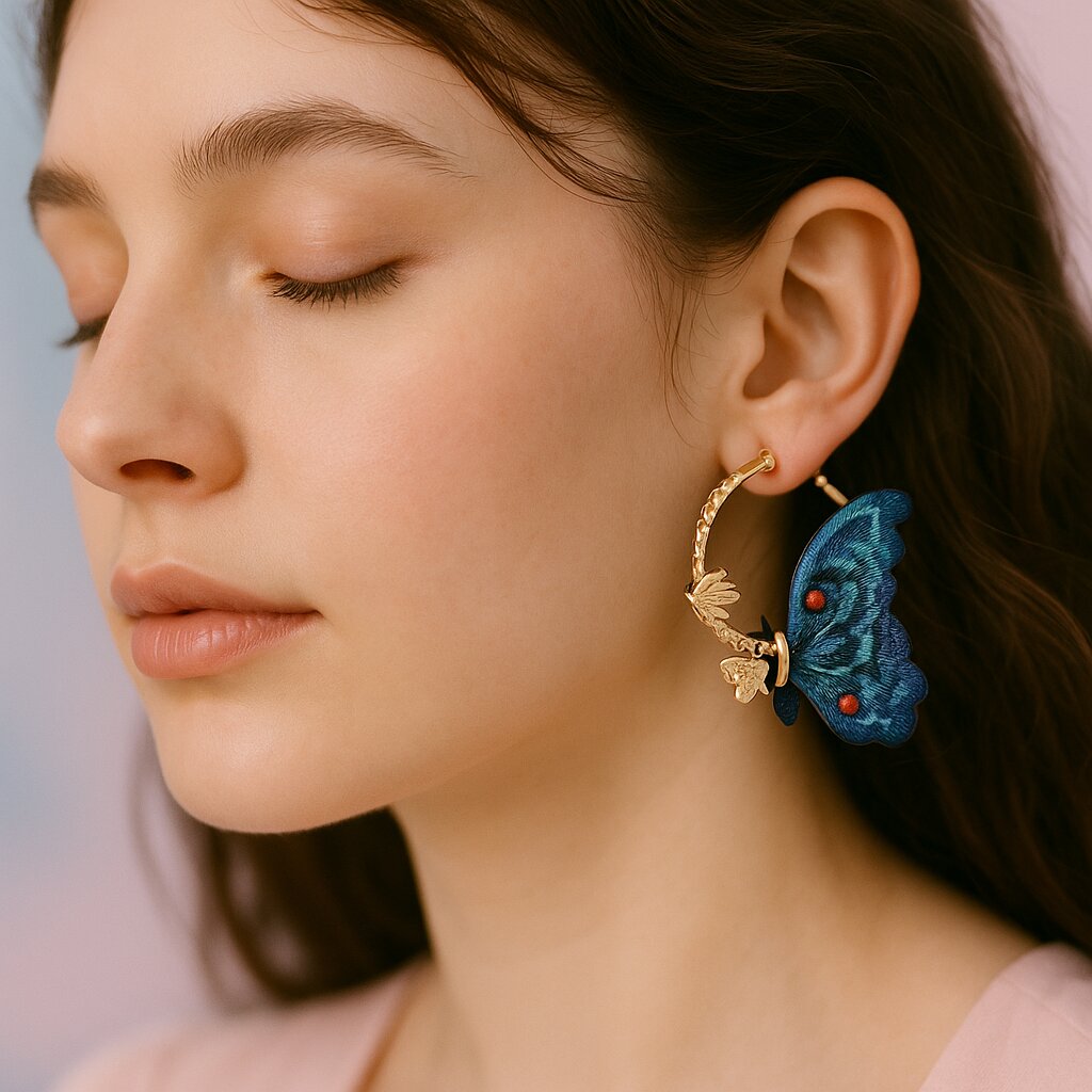 Brincos Strass Borboleta Azul Bordada